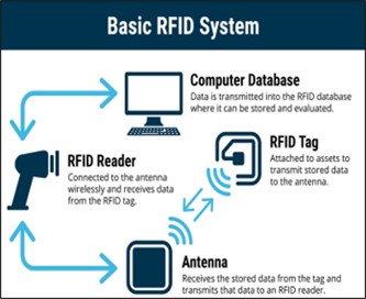 An infographic showing how a basic Radio-Frequency Identification (RFID) system works where the RFID tag that is attached to the asset transmits stored data to the antenna, and the antenna receives the stored data from the tag and transmits the data to an RFID reader and the RFID reader, which is connected to the antenna wirelessly, receives data from the RFID tag, and from there the data is transmitted to an RFID computer databased where it can be stored and evaluated 